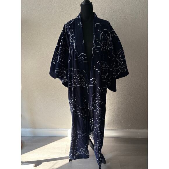 HANDMADE KIMONO Unisex Long Blue Sz XL Tall Butterflies Loungewear Japanese Folk - Picture 1 of 8